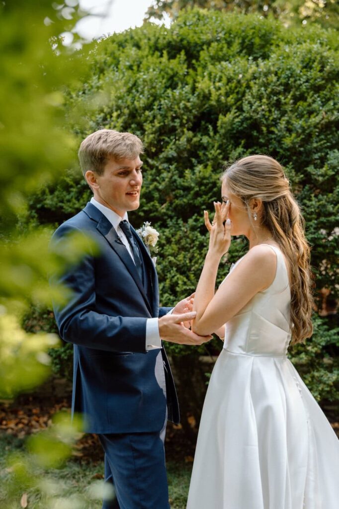 emotional moment between bride and groom at belle meade wedding