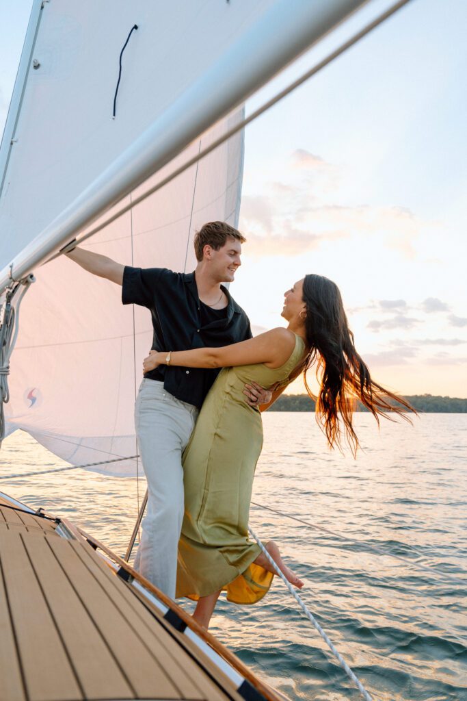 Flowy dress moving in the breeze during engagement portraits