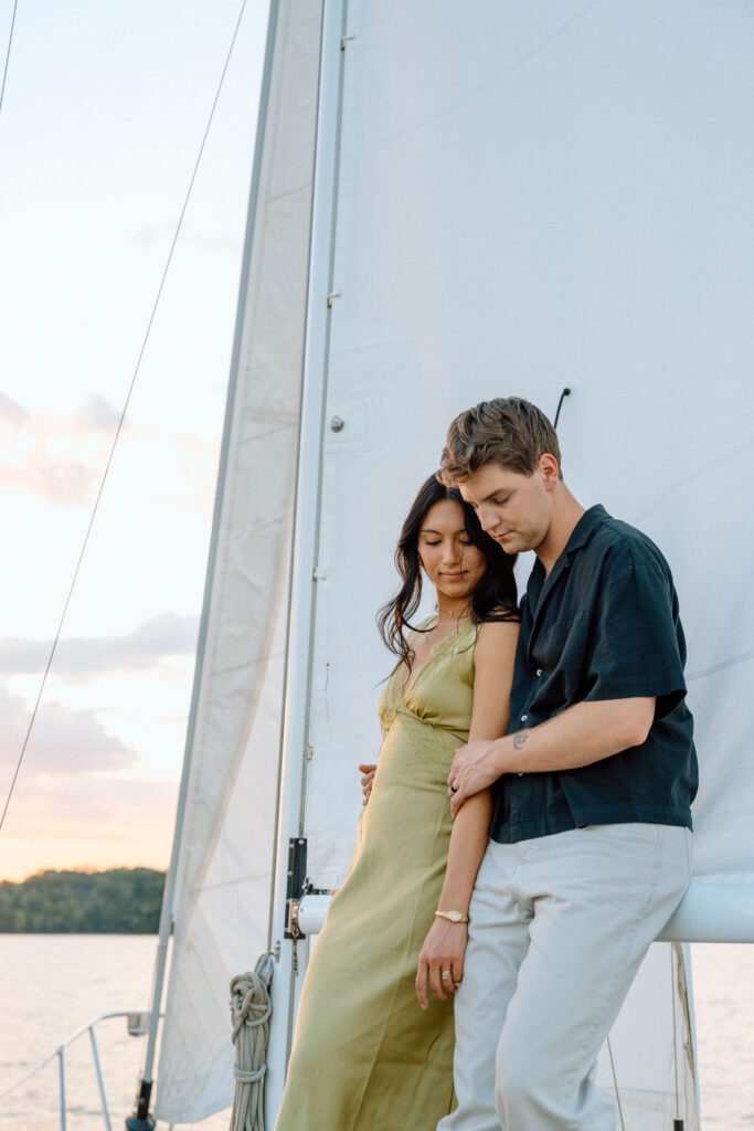 Couple standing in soft golden hour light
