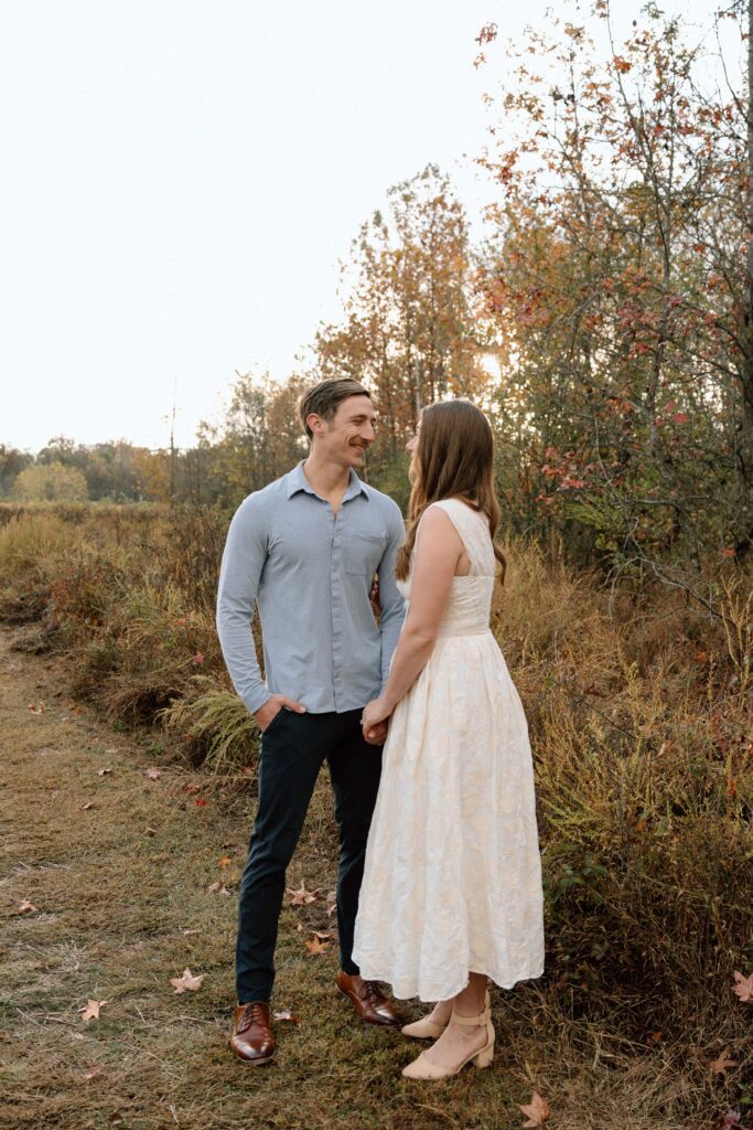 Candid moment along the trail at Shelby Bottoms engagement photos
