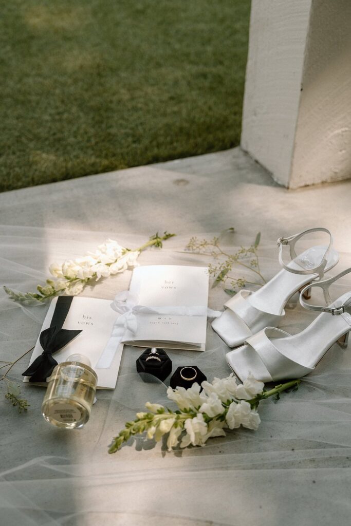 flatlay wedding details at the chapel at firefly lane in tennessee