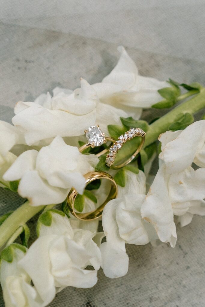 up close shot of the wedding rings on florals