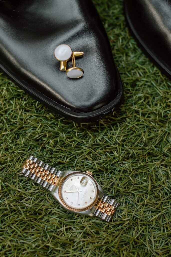 groom's detail photos of watch, shoes, and cuff links