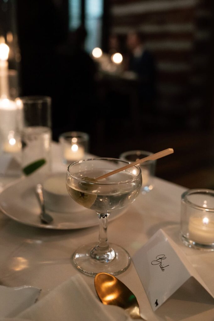 martini glass at reception table in east nashville