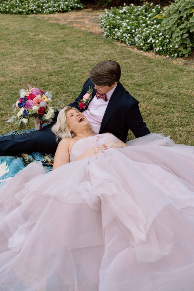 couple laughing on their wedding day at huntsville botanical garden wedding