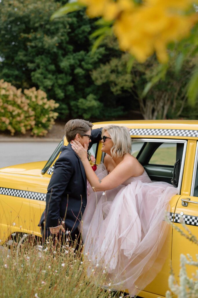 vintage taxi cab portraits on wedding day in huntsville