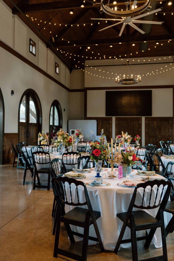 reception space decorated with lots of color at huntsville botanical garden wedding