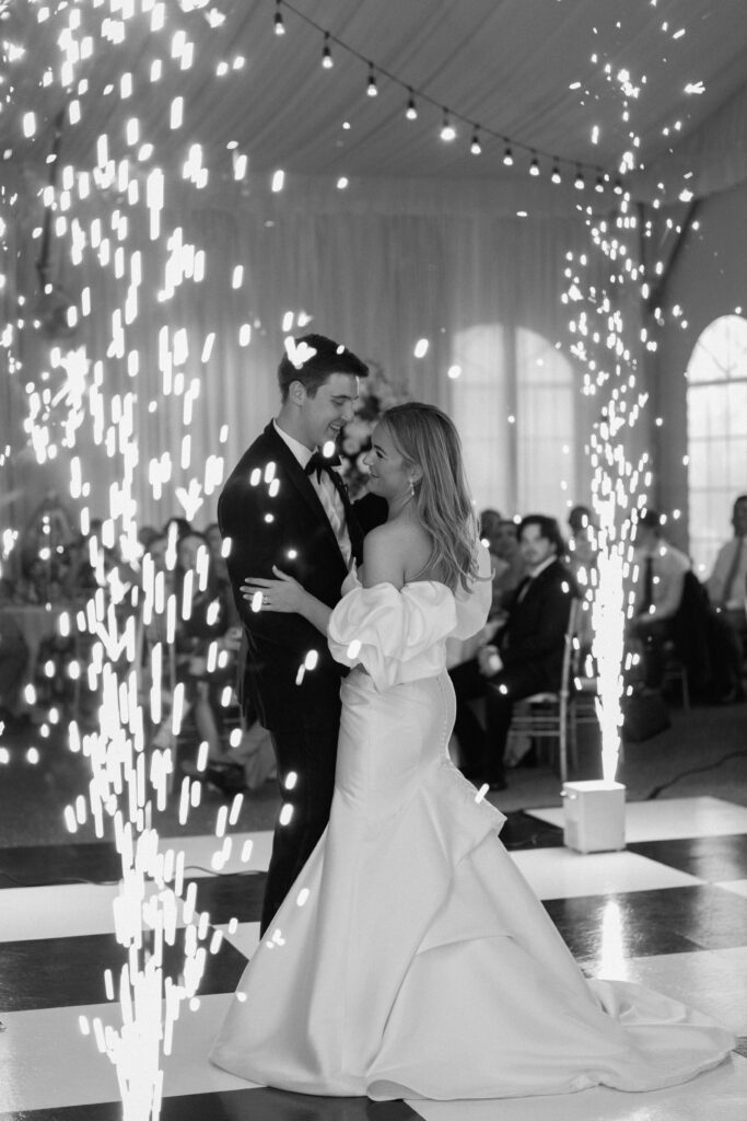 sparks going off during couples first dance at riverwood mansion in nashville