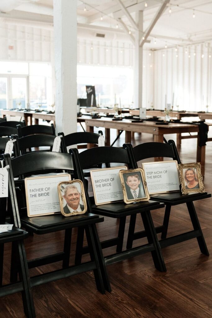 reserved seats at wedding venue for brides family members honoring their memory