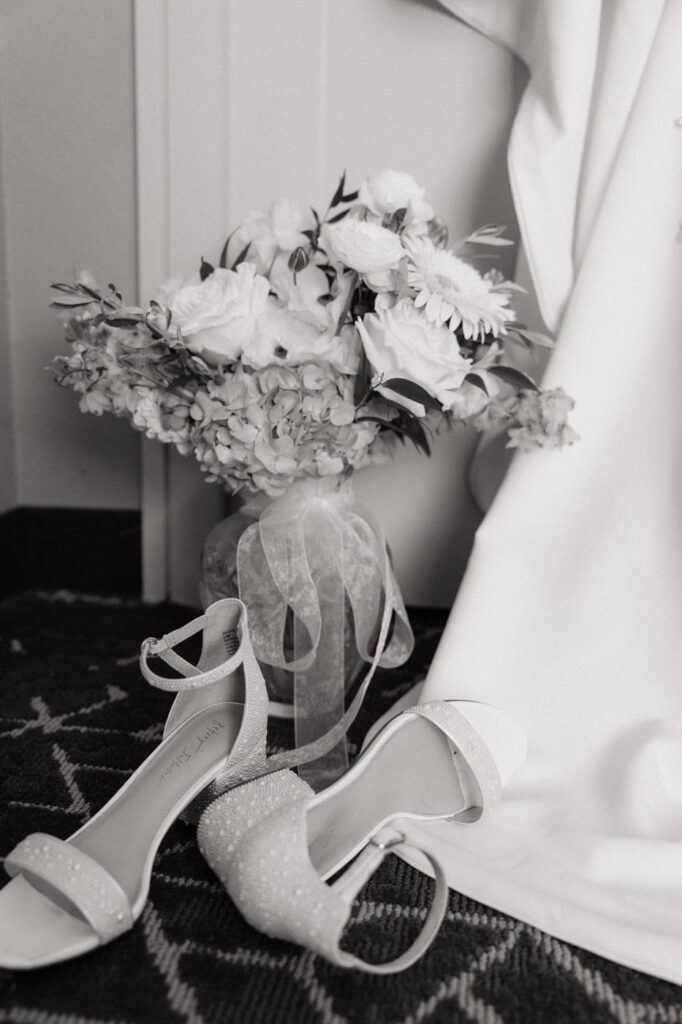 bridal gown, shoes, and florals for nashville wedding