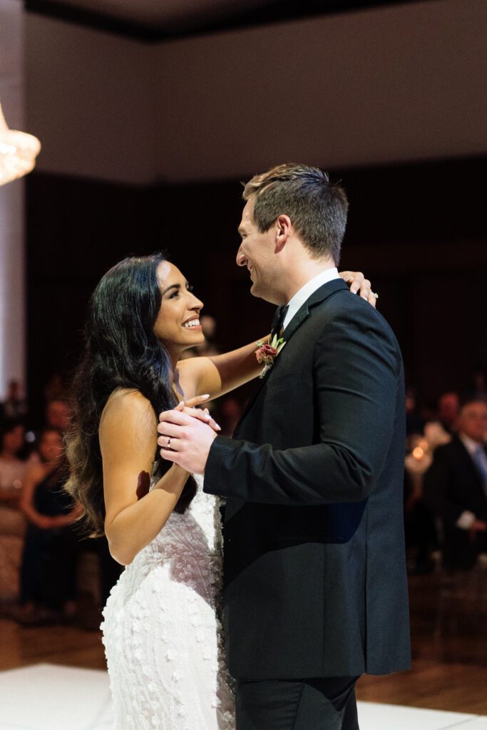 couple enjoying their first dance as bride and groom at country music hall of fame wedding