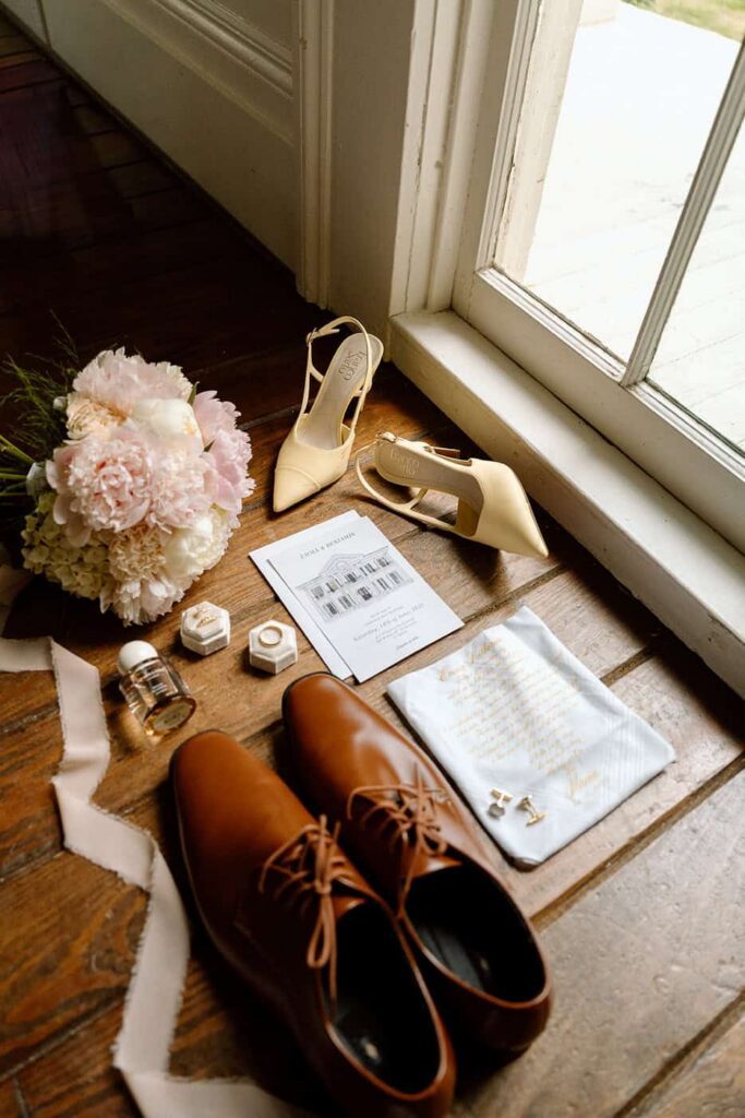 Flat lay wedding details at Eader House wedding