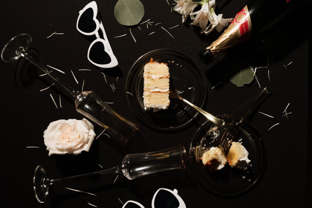 late night wedding reception flat lay details at hickory meadow