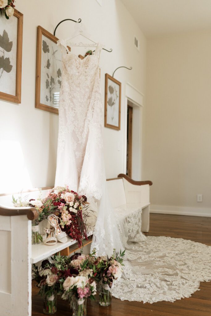 bridal gown and florals at long hollow gardens wedding