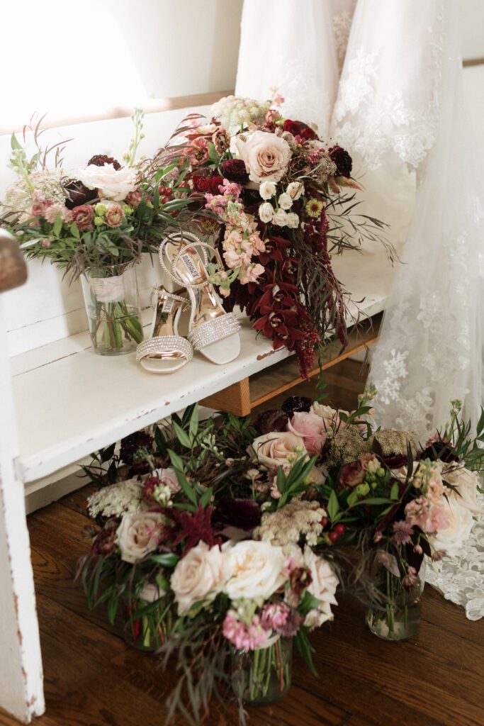 bouquets and bridal shoes at nashville wedding venue