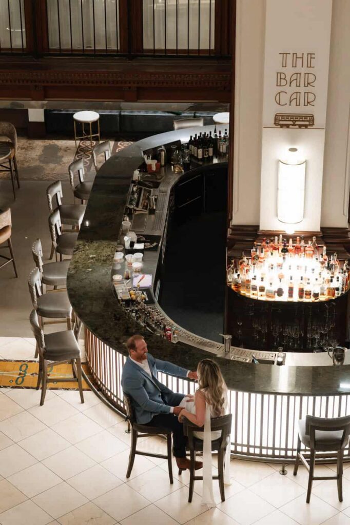 the bar car at union station engagement session