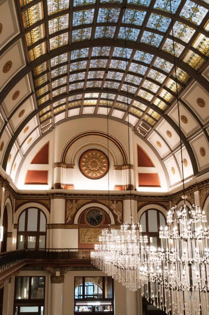 union station lobby architecture and chandeliers