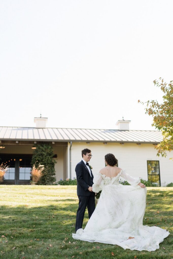 bride and groom laughing on their wedding day at trinity view farm