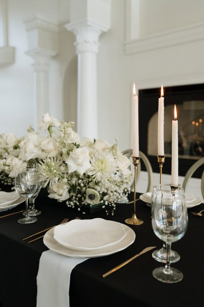 Black linen tablescape at The Dimora in Tennessee
