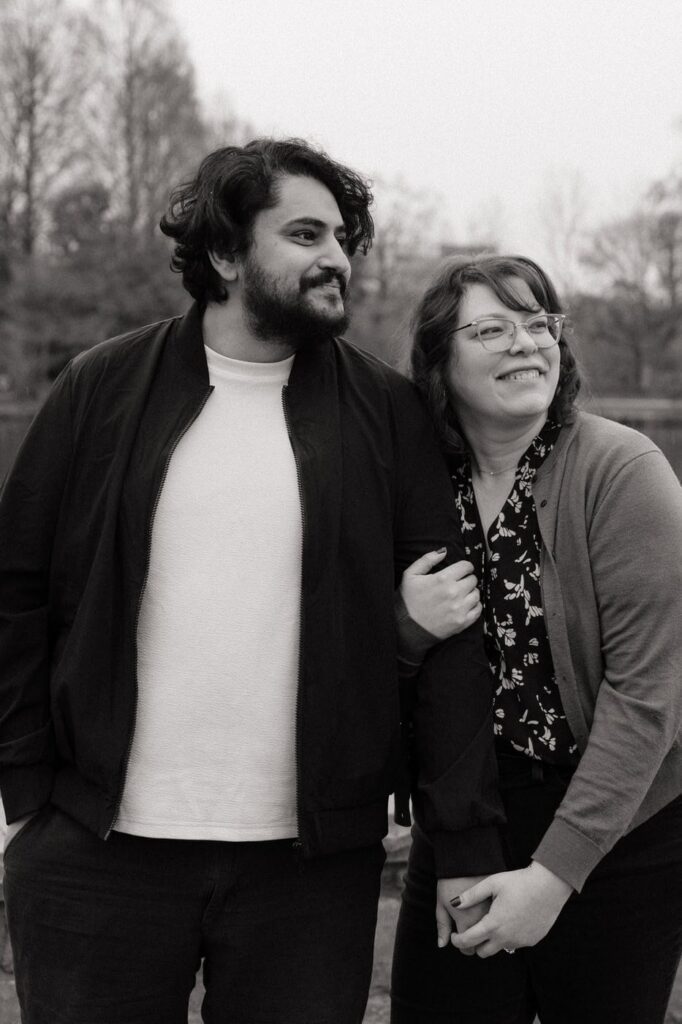 couple looking off into the distance during engagement photos in nashville