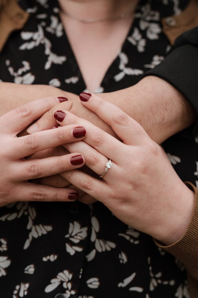 close up shot of couples hands during engagement photos in nashville