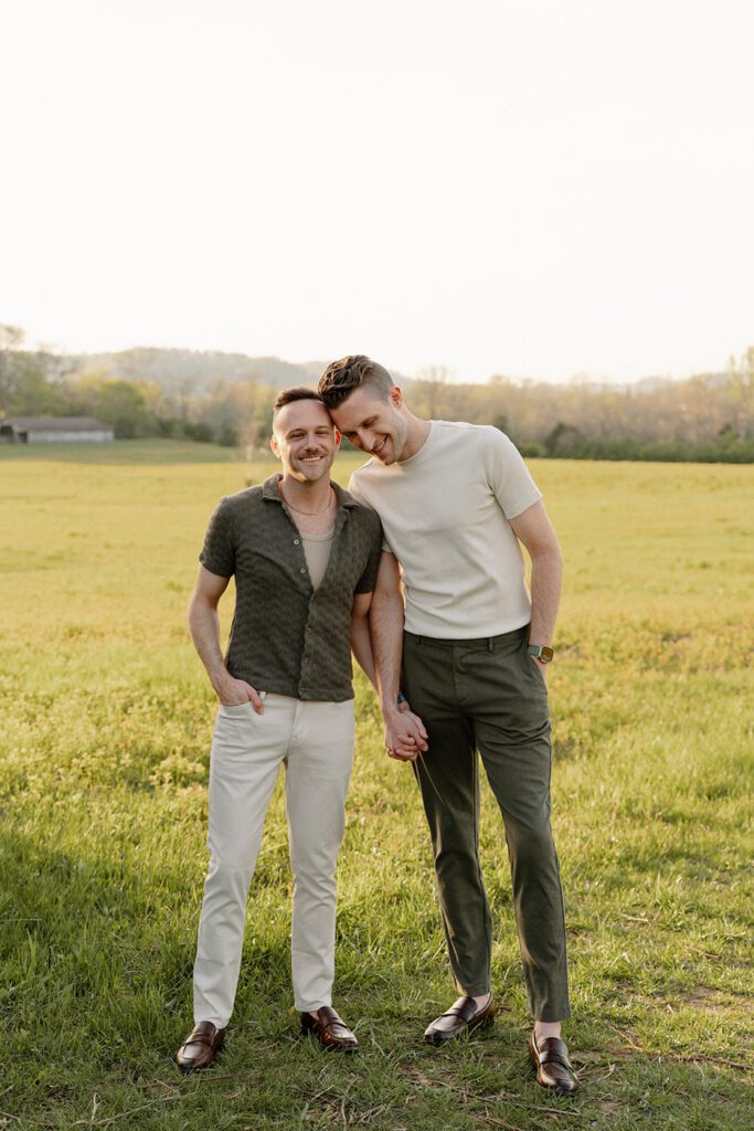 couple in complementary outfits at nashville engagement session