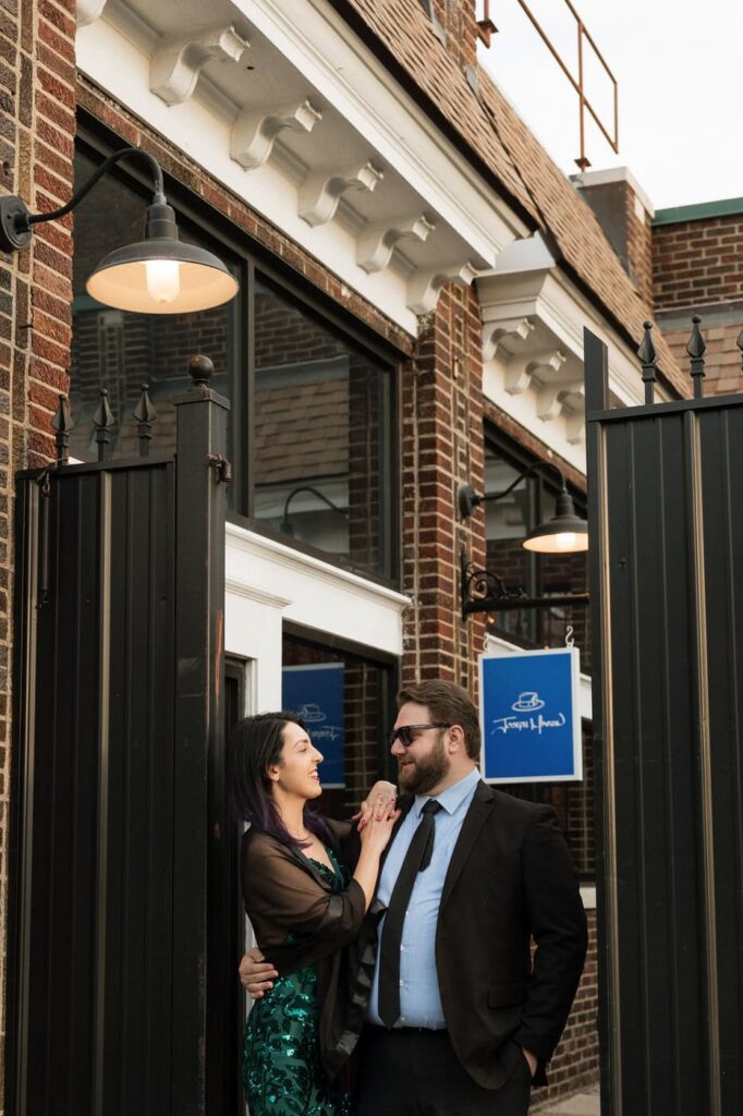 couple standing and smiling during nashville engagement session