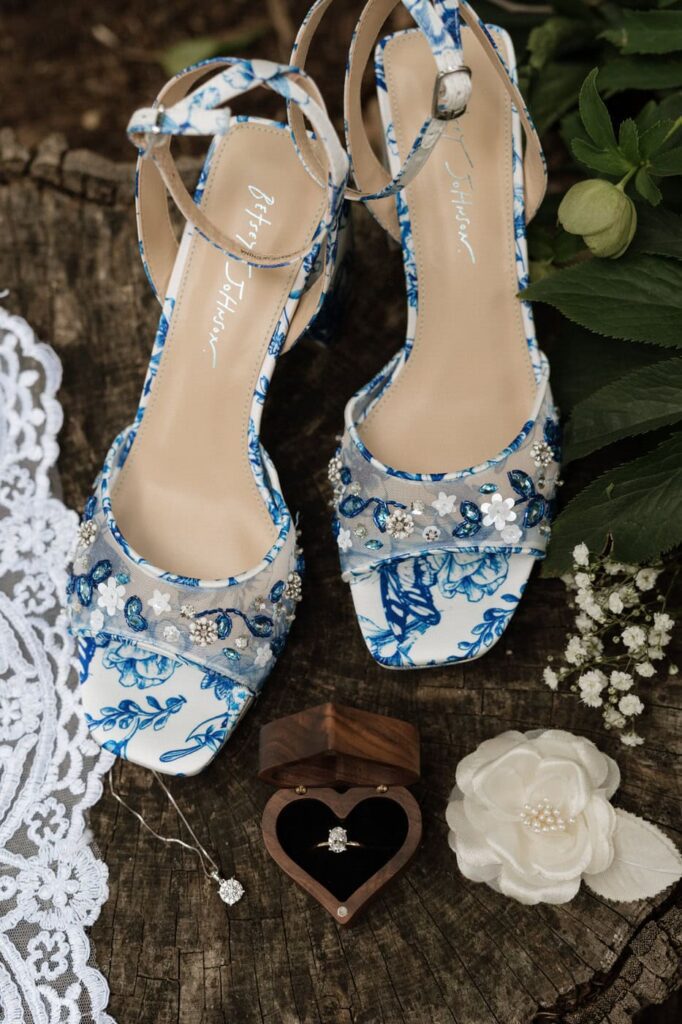detail photos of brides shoes, ring, veil, and necklace at wedding in nashville