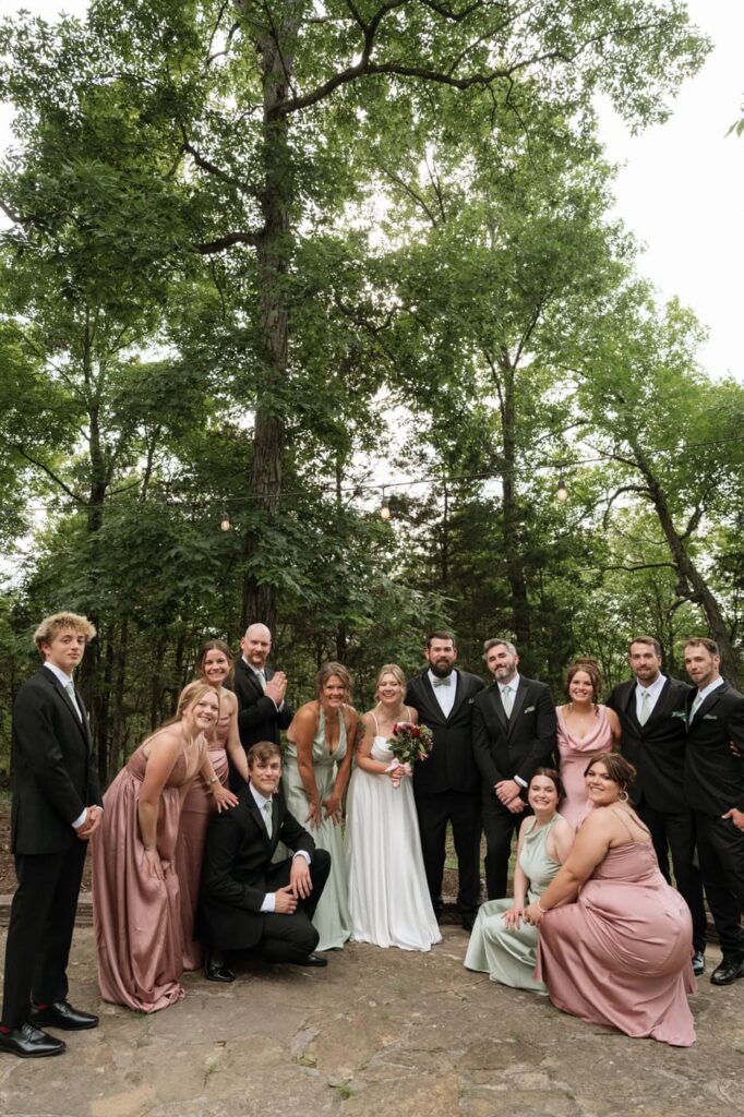 full bridal party posing at stone gate farm wedding in nashville