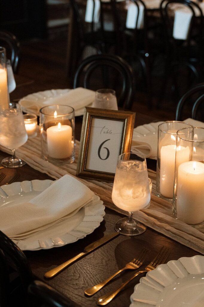 candlelit tables at wedding reception in nashville