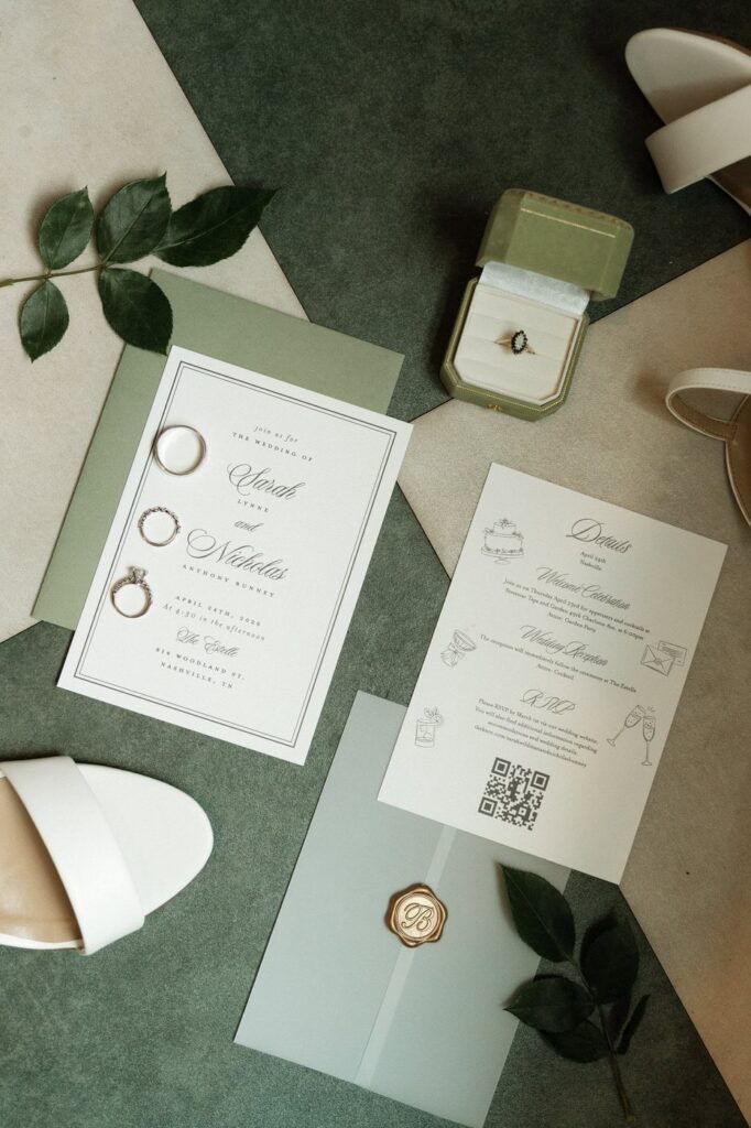 green flat lay details for spring wedding in nashville
