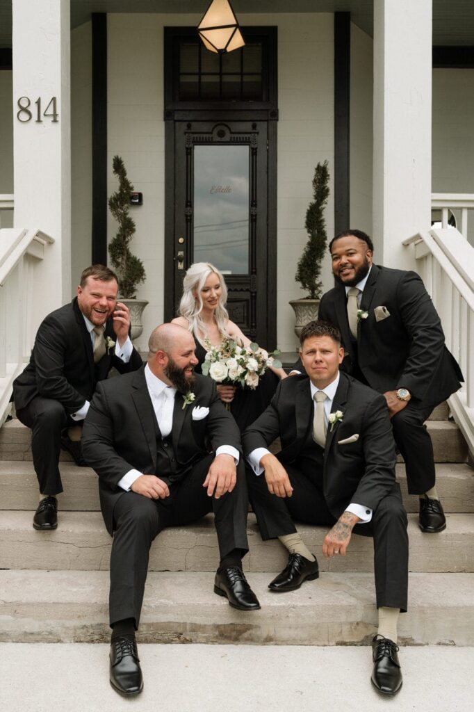 groomsmen photos on the front steps of the estelle in nashville