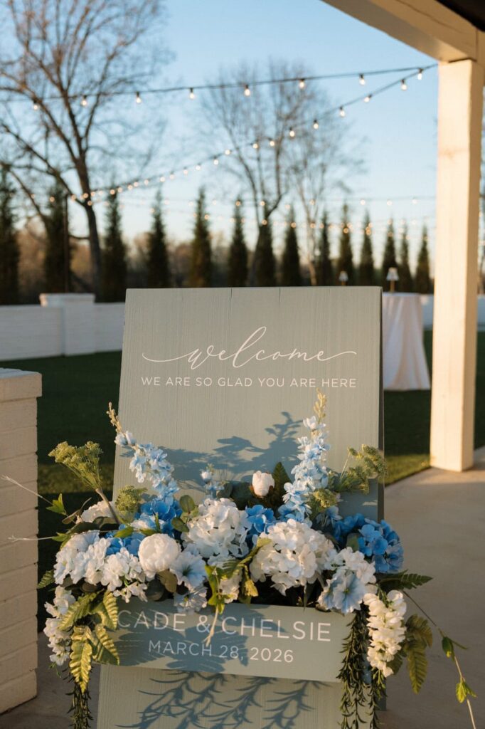 sunset image of the welcome sign at the monroe on 415th wedding in the spring
